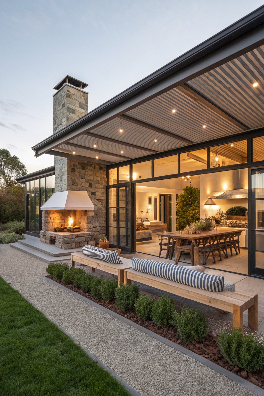 A modern house exterior with a covered patio that includes a large stone fireplace, two long wooden benches with striped cushions, and an open view into an indoor dining area through glass doors.