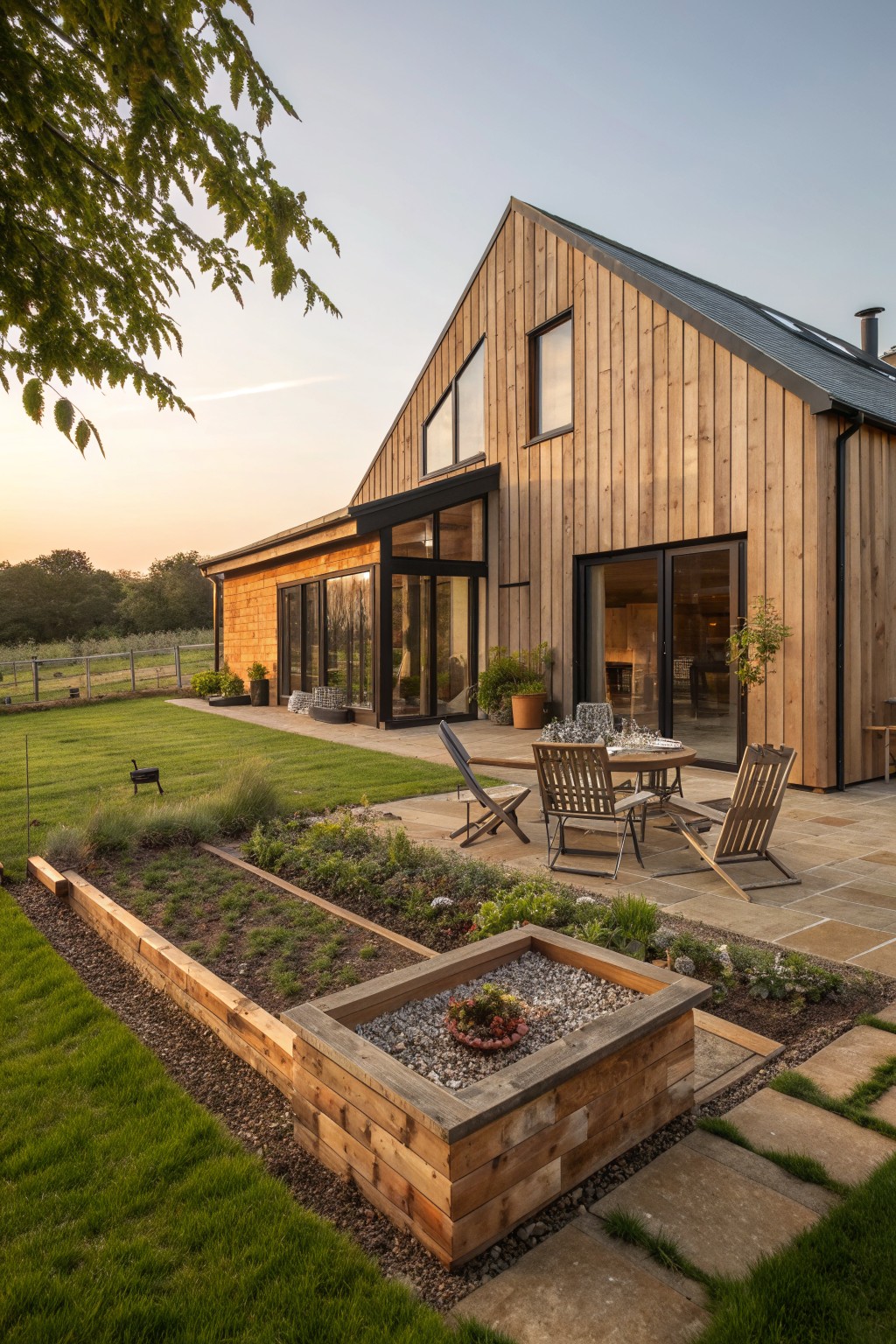 A modern farmhouse exterior with wood siding features a large stone patio furnished with a dining table, chairs, and lounge seating, alongside a prominent raised wooden planter box filled with gravel and a small plant.