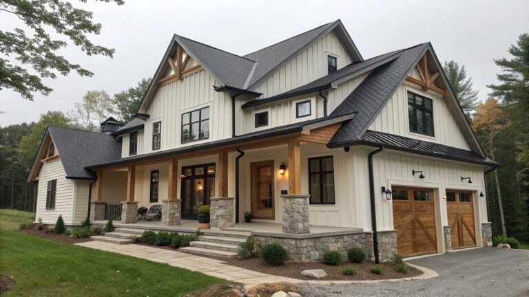 21 Beautiful Rustic Modern Farmhouse Exterior Ideas for Warm Contemporary Homes A two-story white farmhouse exterior with vertical siding, stone foundation and porch columns, a covered entry with wood accents, and a gravel driveway in the foreground.