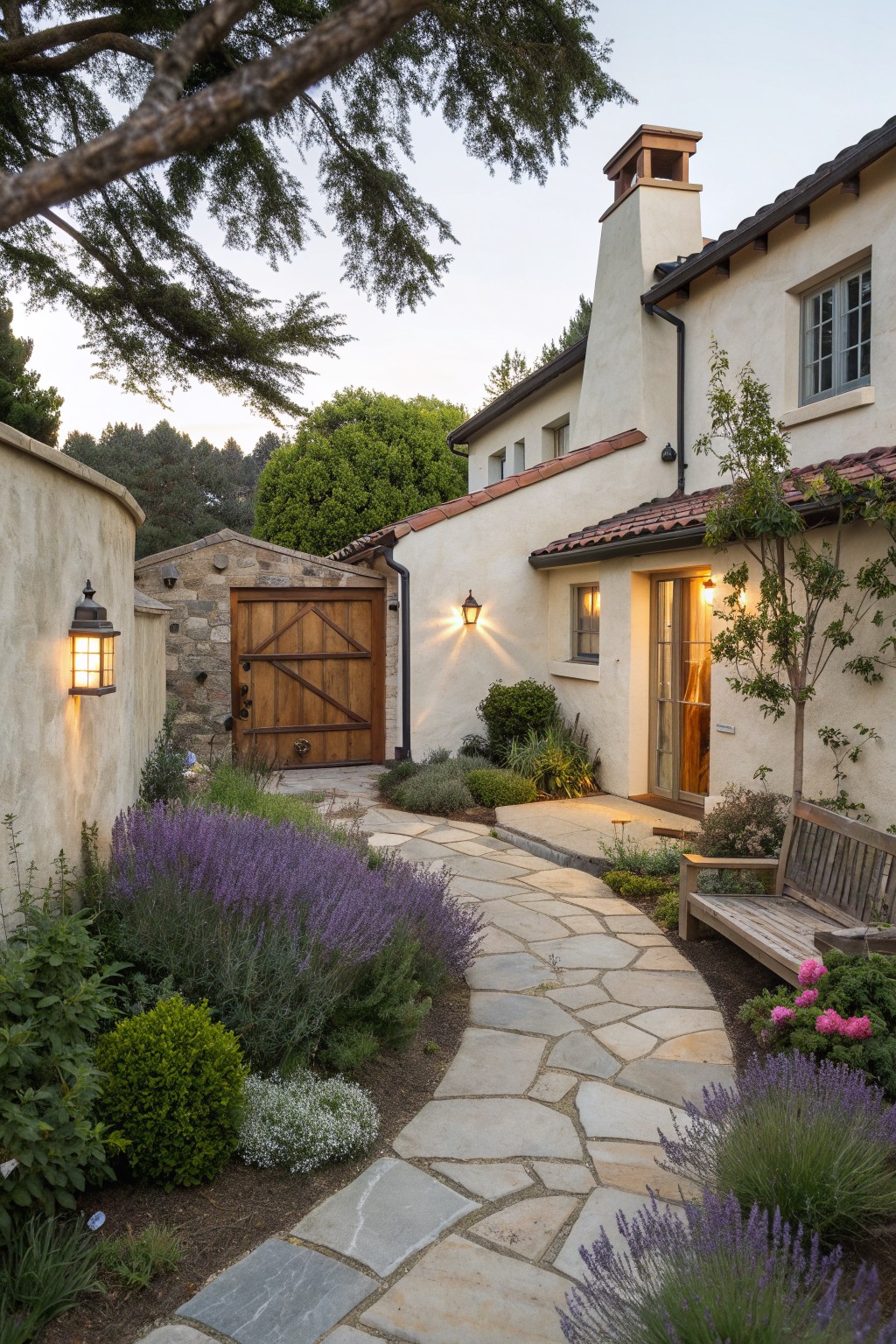 A stucco house with a red tile roof, wooden door, and chimney, connected by a curving flagstone path bordered by lavender and shrubs.