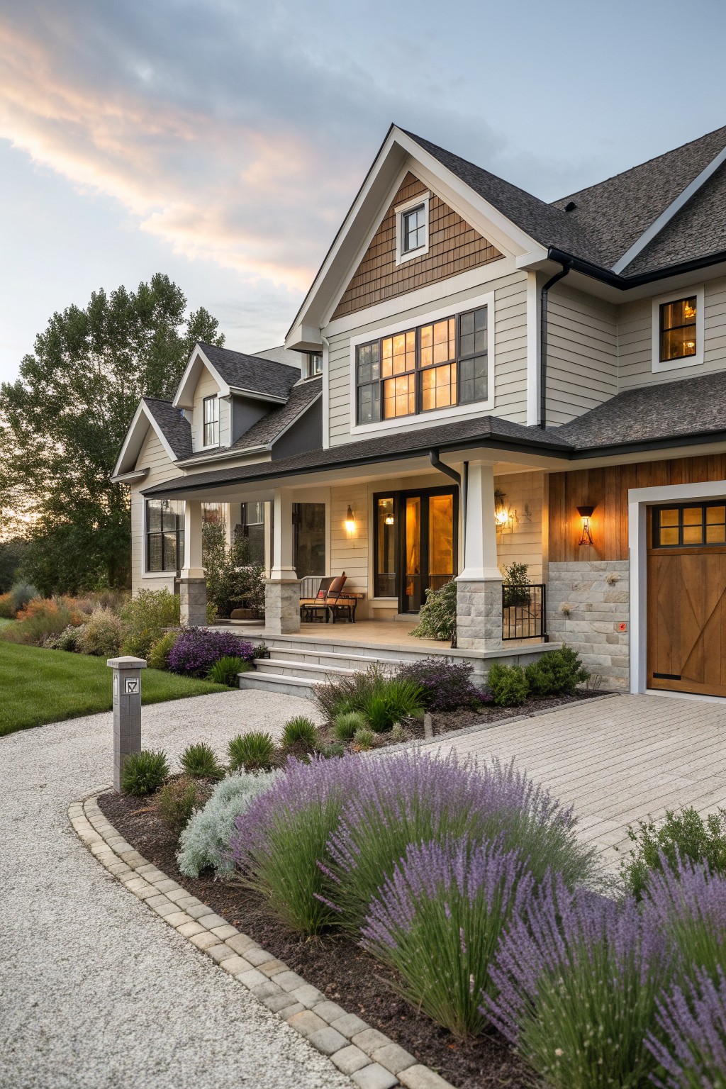 Modern farmhouse with gabled roof, porch, garage, and purple lavender landscaping at dusk.