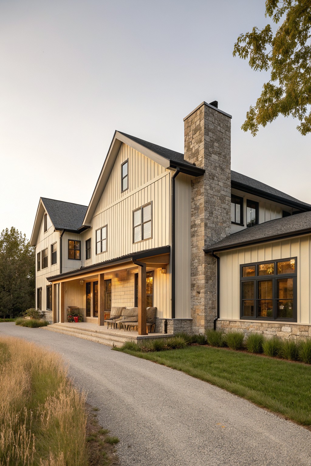 Modern white farmhouse with stone chimney, porch, and gravel driveway at dusk