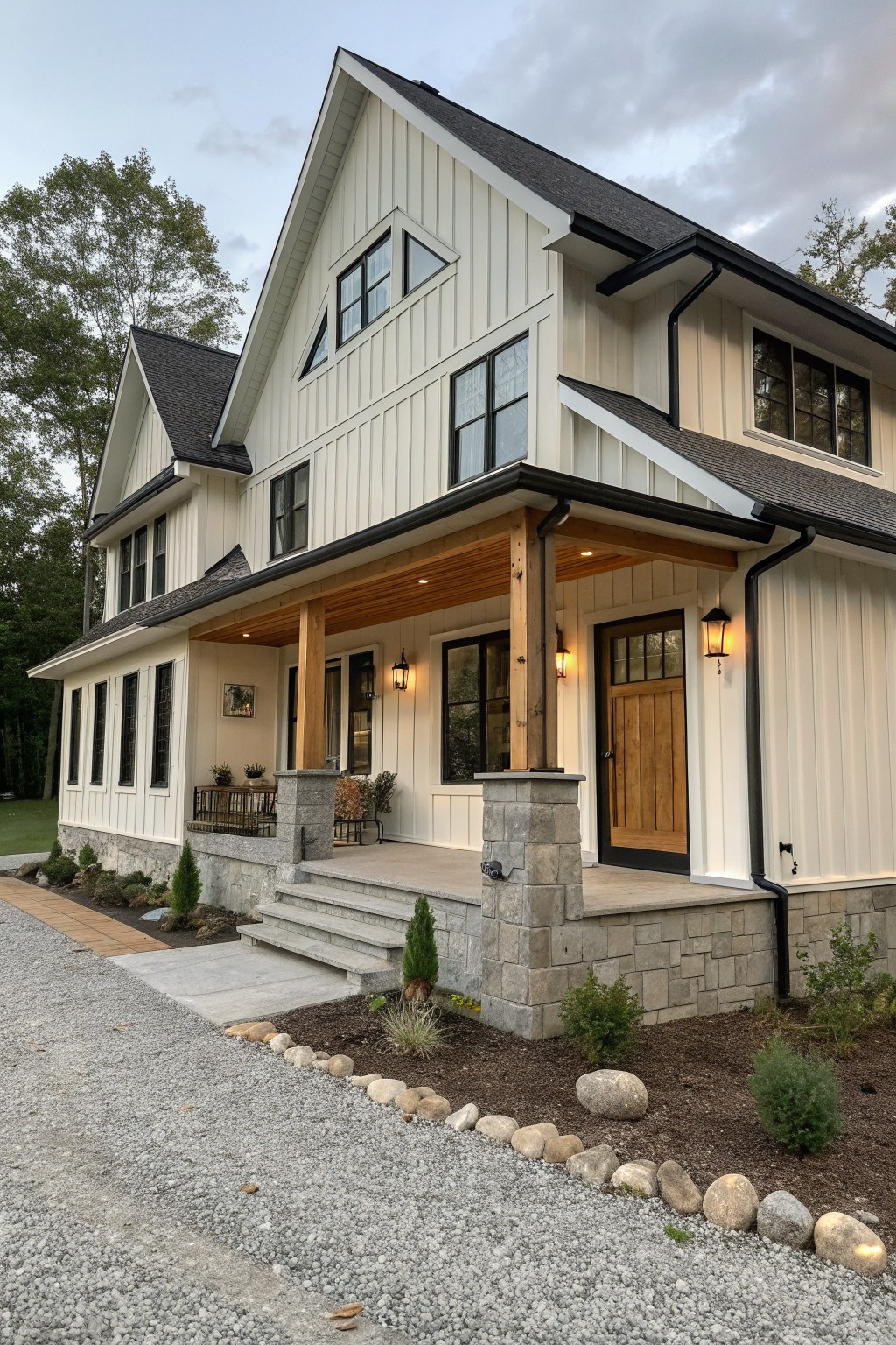 A two-story white farmhouse exterior with vertical siding, stone foundation and porch columns, a covered entry with wood accents, and a gravel driveway in the foreground.