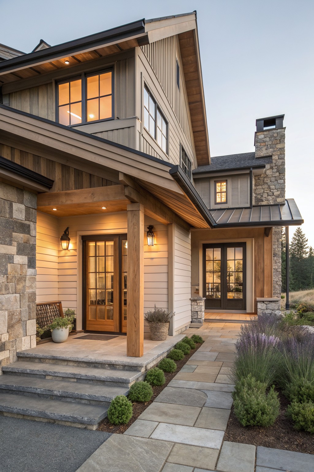 A modern farmhouse exterior with stone on the chimney and lower walls, horizontal wood siding, a covered entry porch with wooden posts, and two sets of glass doors.