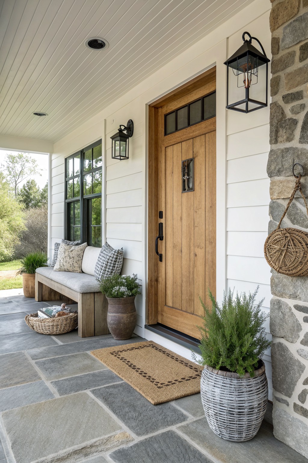 Wooden front door on white house porch with stone wall, lanterns, bench, and potted plants