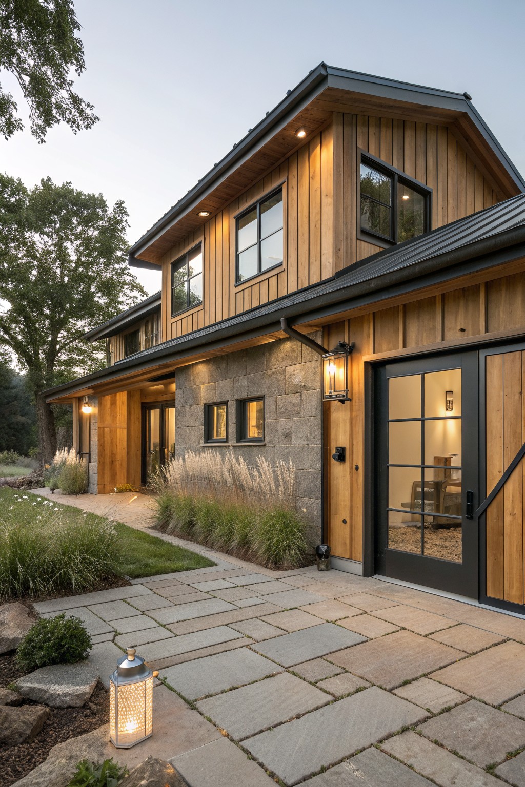 A modern farmhouse exterior featuring vertical wood siding, a stone wall section, black-framed windows and doors, and a paved stone driveway.