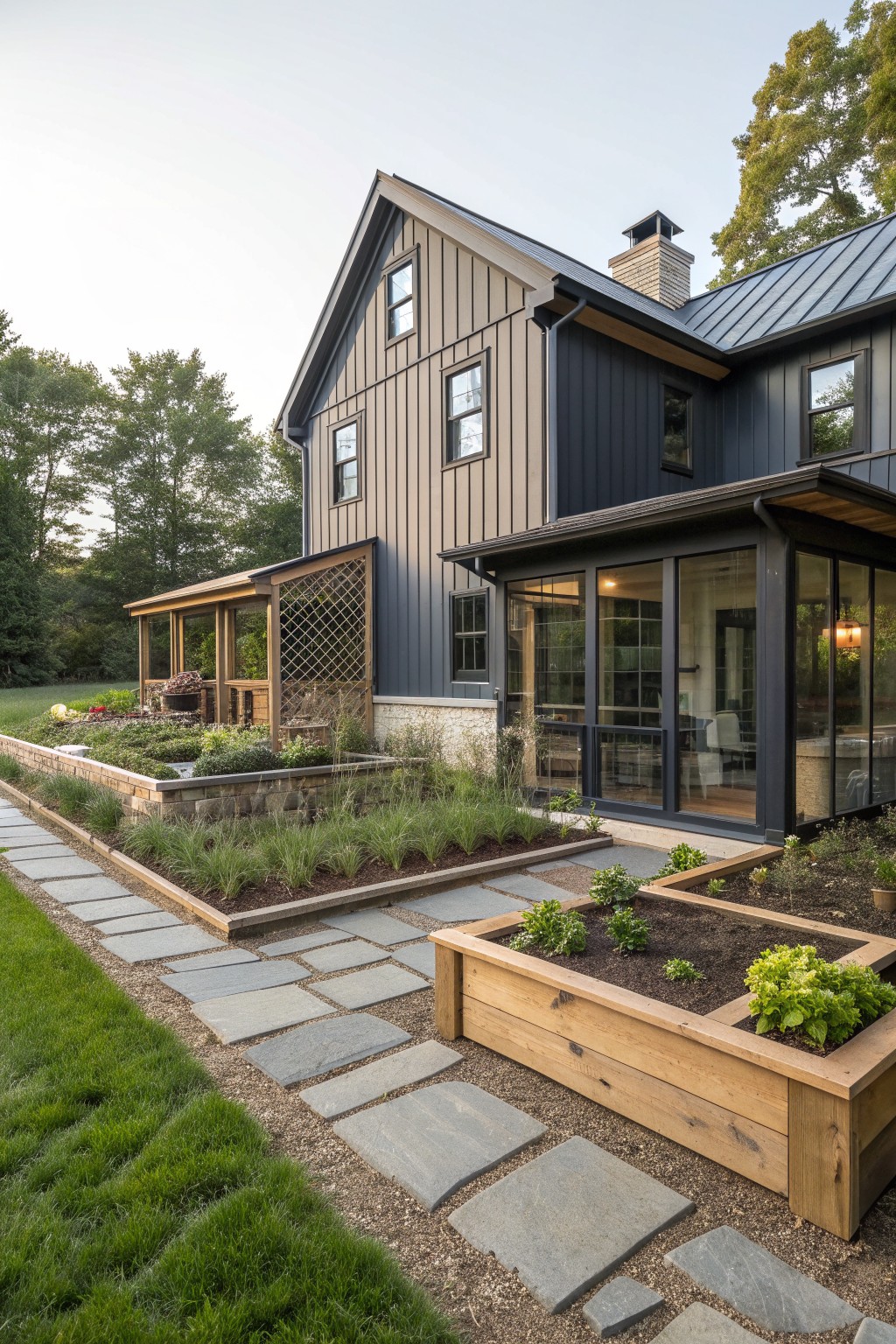 Modern farmhouse exterior with dark vertical siding, large windows, and multiple raised wooden garden beds bordered by stone pathways.