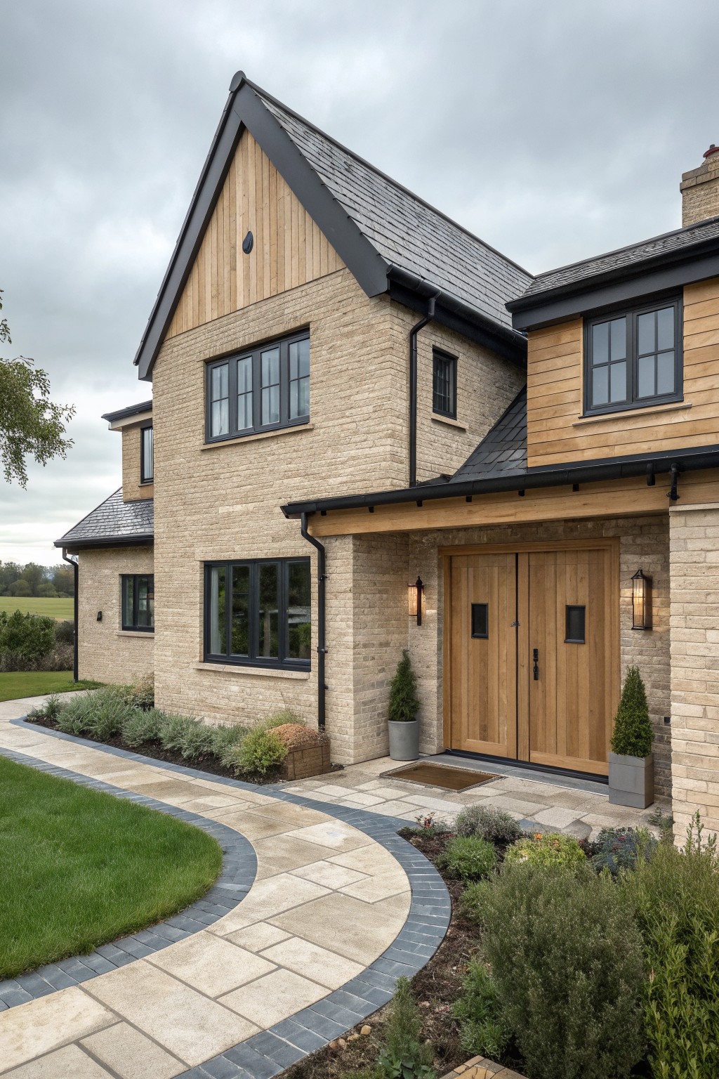 Modern stone house with wooden doors, windows, and curved paved walkway.
