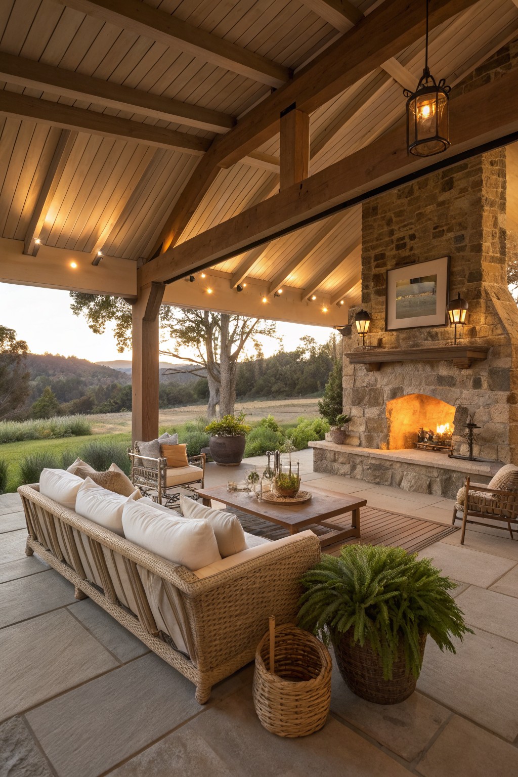 A covered porch with a large stone fireplace, wicker sofa with white cushions, wooden coffee table, and hanging lantern overlooking a rural landscape at dusk.