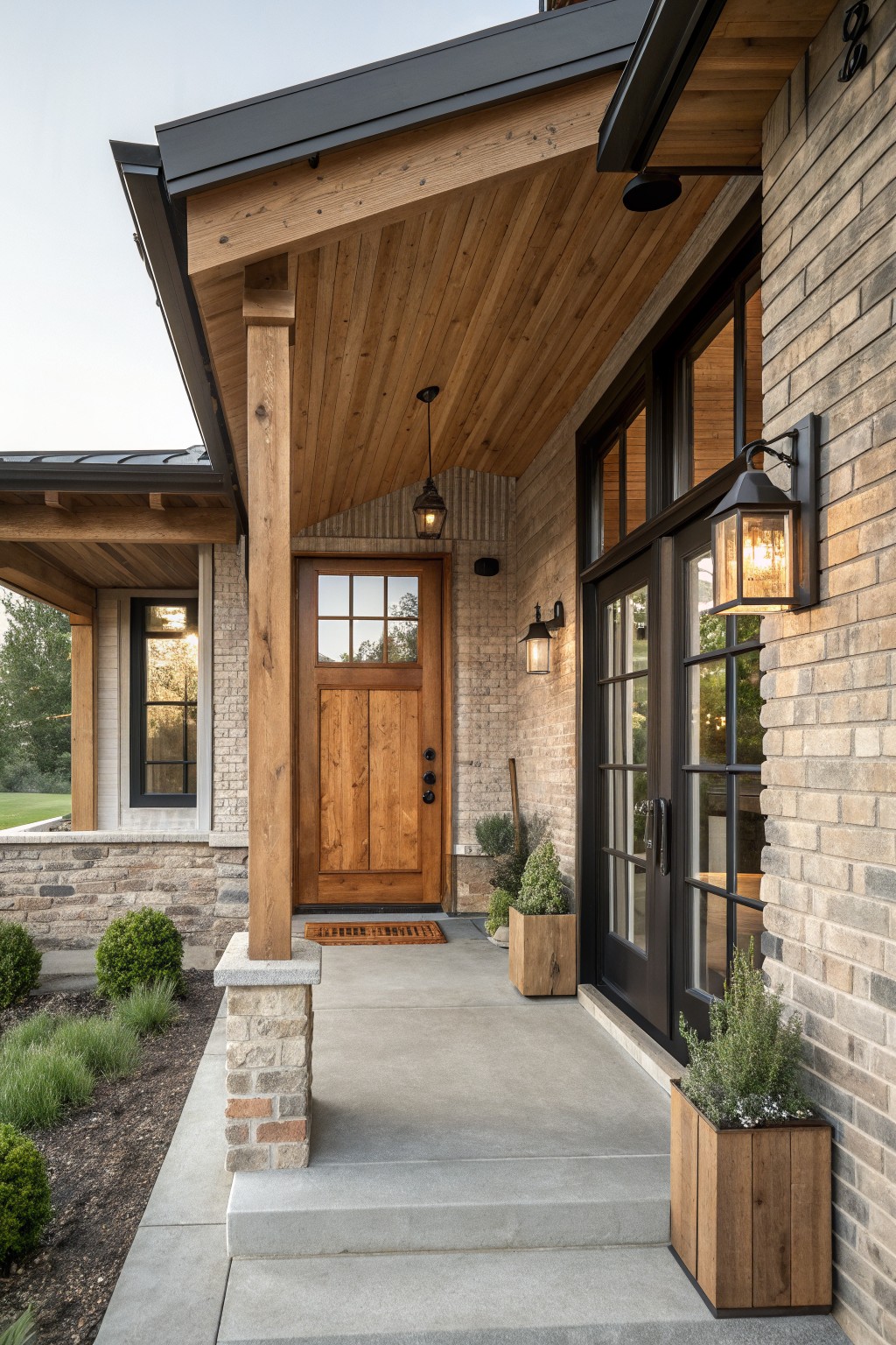 A front entry of a modern farmhouse with a wooden door centered under a deep covered porch supported by thick timber posts, brick and stone walls, and black metal lanterns.