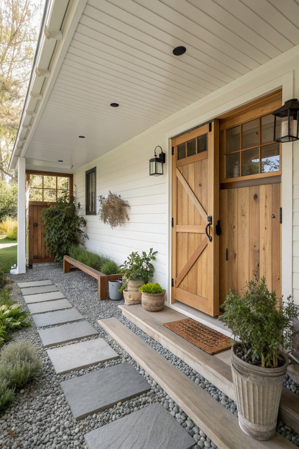 A white farmhouse exterior with large wooden entry doors, wooden steps, and a gravel path with stone pavers.
