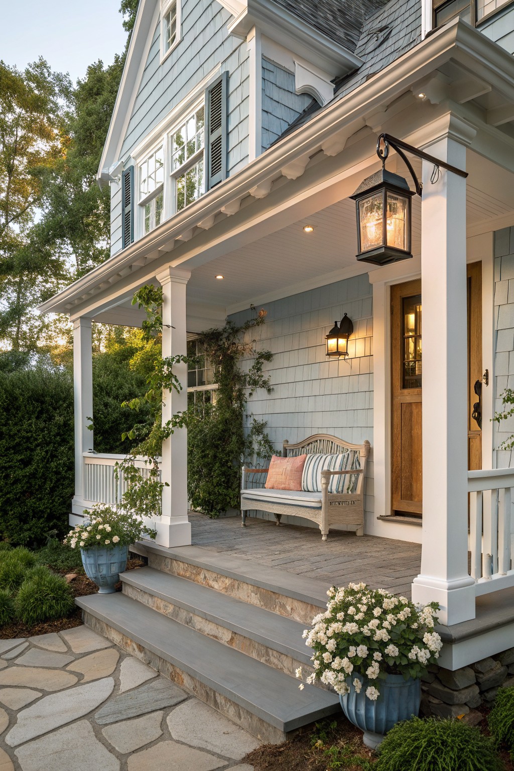 A light blue Victorian farmhouse exterior with a white porch, wooden bench with cushions, hanging lantern, and potted white flowers on the stone steps.