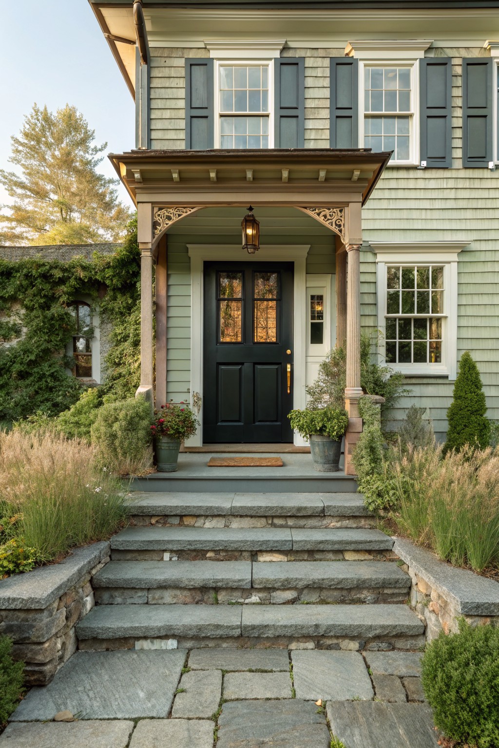 A two-story house with light green siding, a black front door under a covered porch supported by columns, and stone steps leading up from a paved path.
