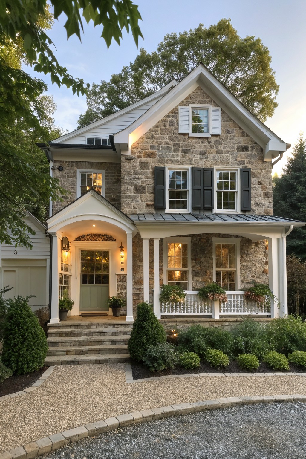 Stone house with white porch, steps, shutters, and gravel driveway.