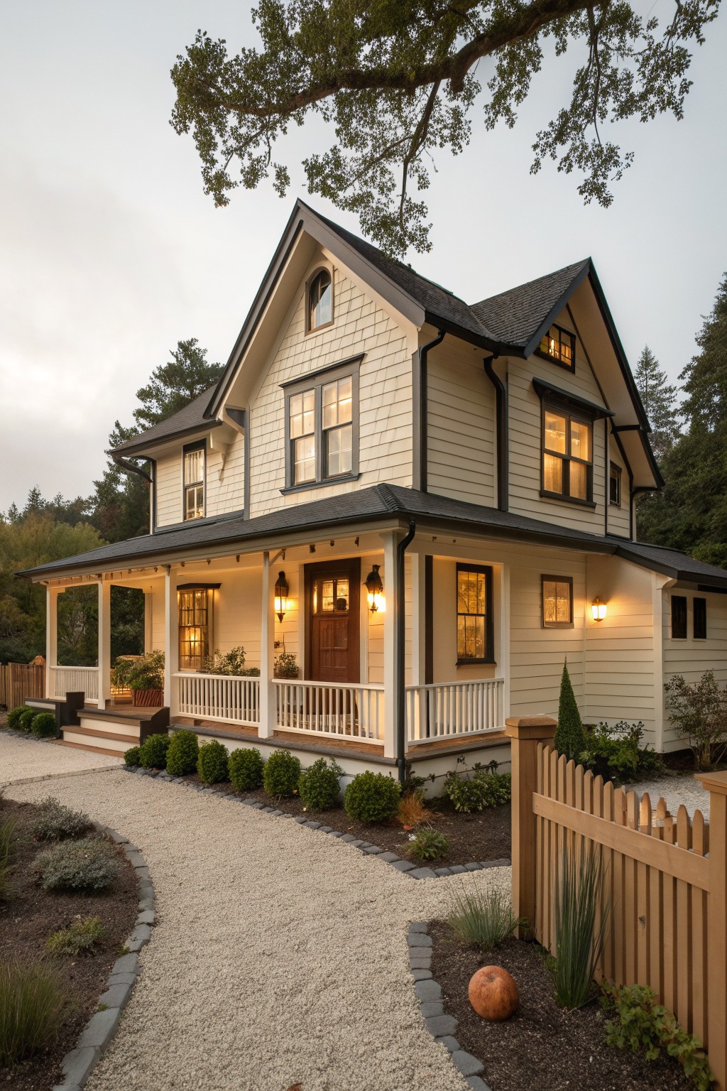 Two-story beige house with dark roof, lit porch, glowing windows, and gravel path.
