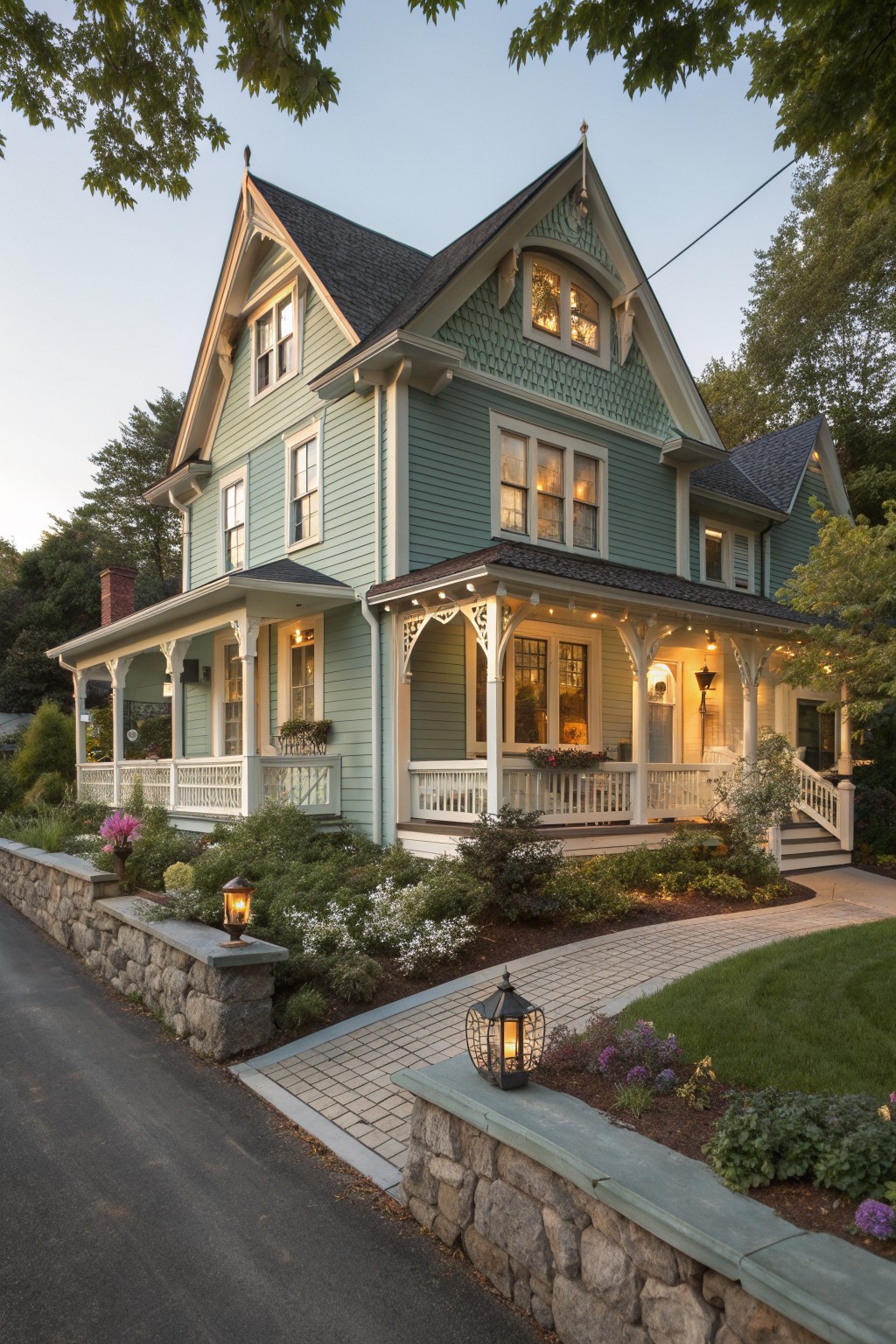 Light green Victorian house with lit wrap-around porch, stone walls, and garden path at dusk.