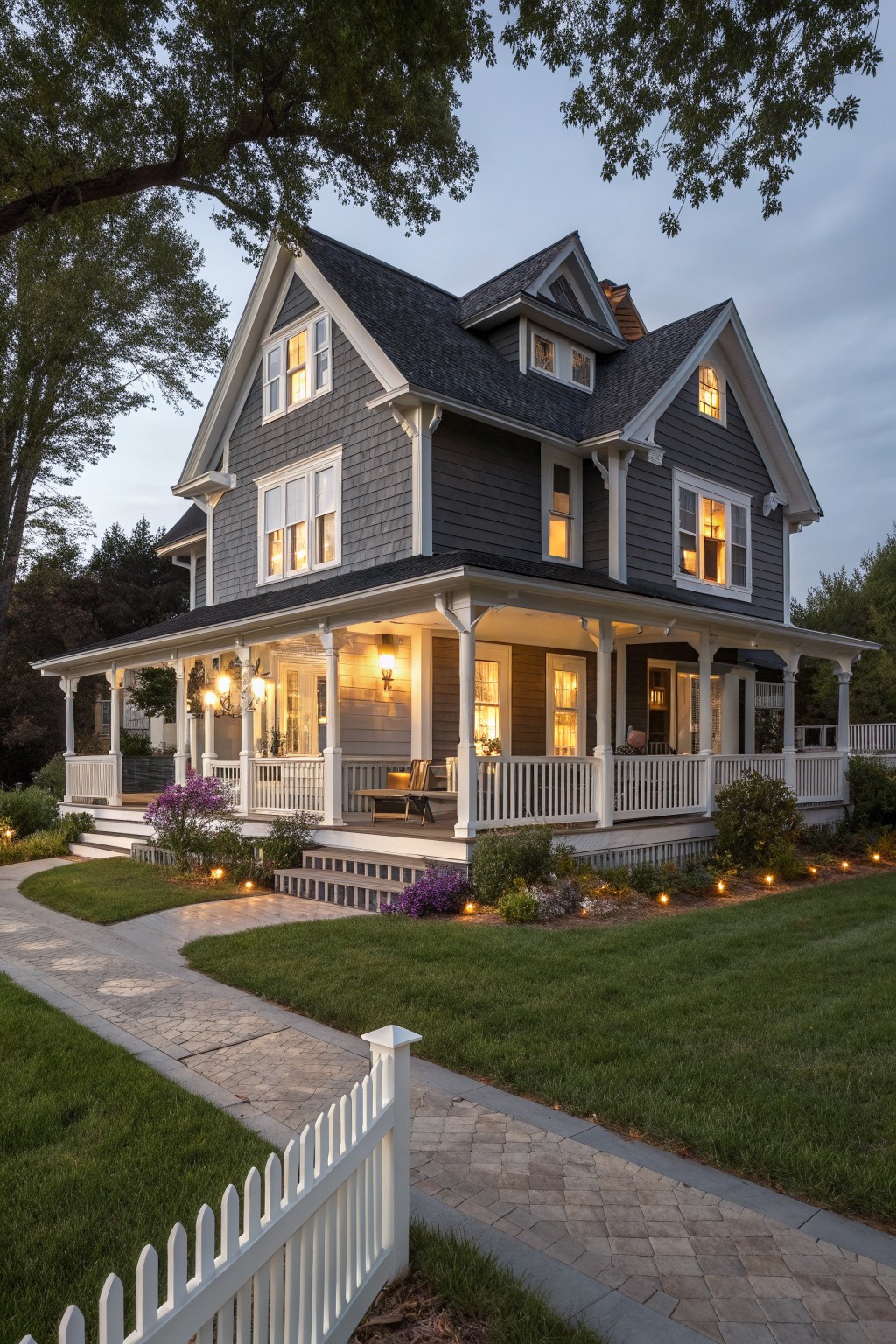 A two-story Victorian farmhouse with dark gray siding, white trim, a large wraparound porch, and a stone path leading to the front steps.