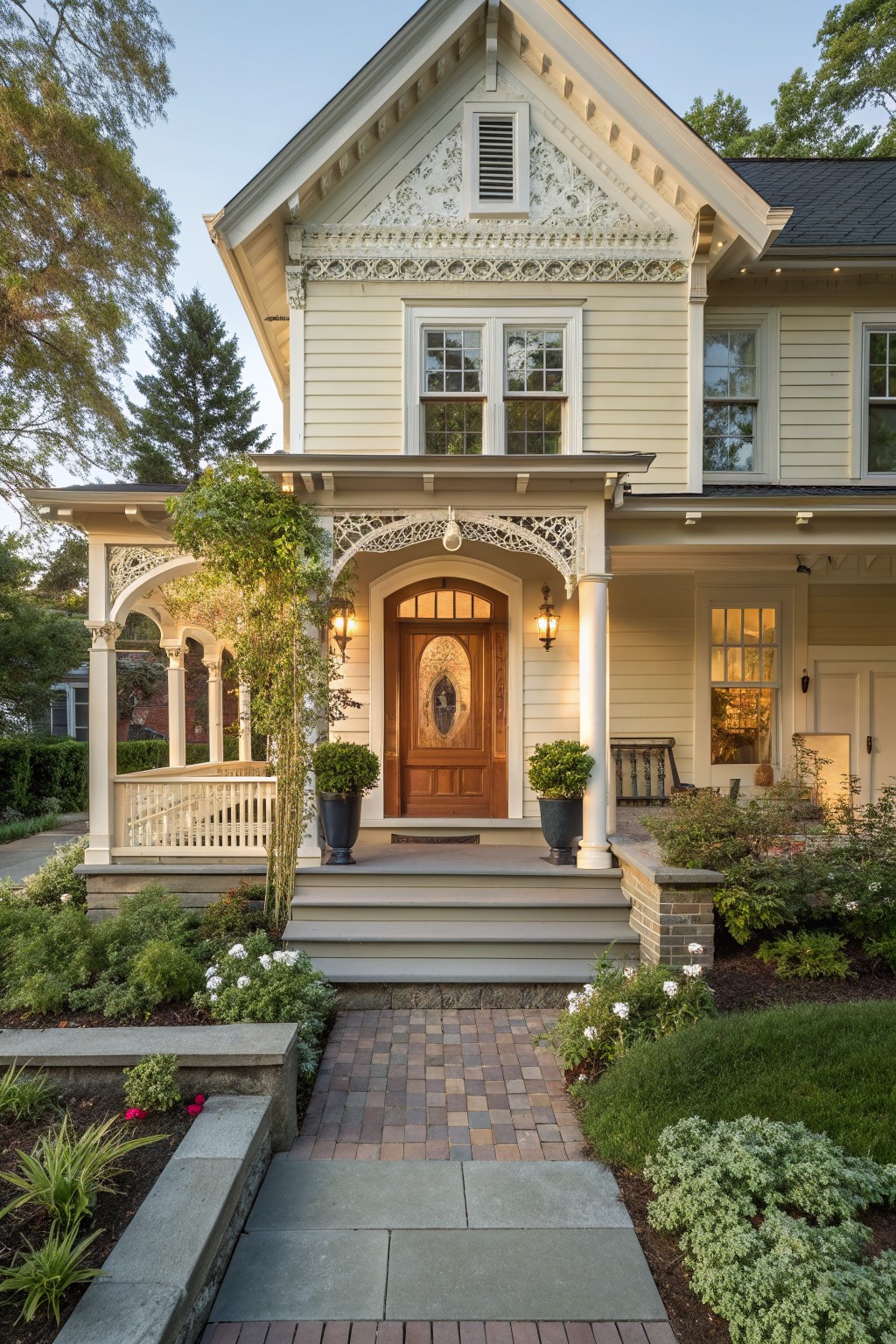 Charming yellow Victorian house with ornate white trim, porch, steps, and brick path