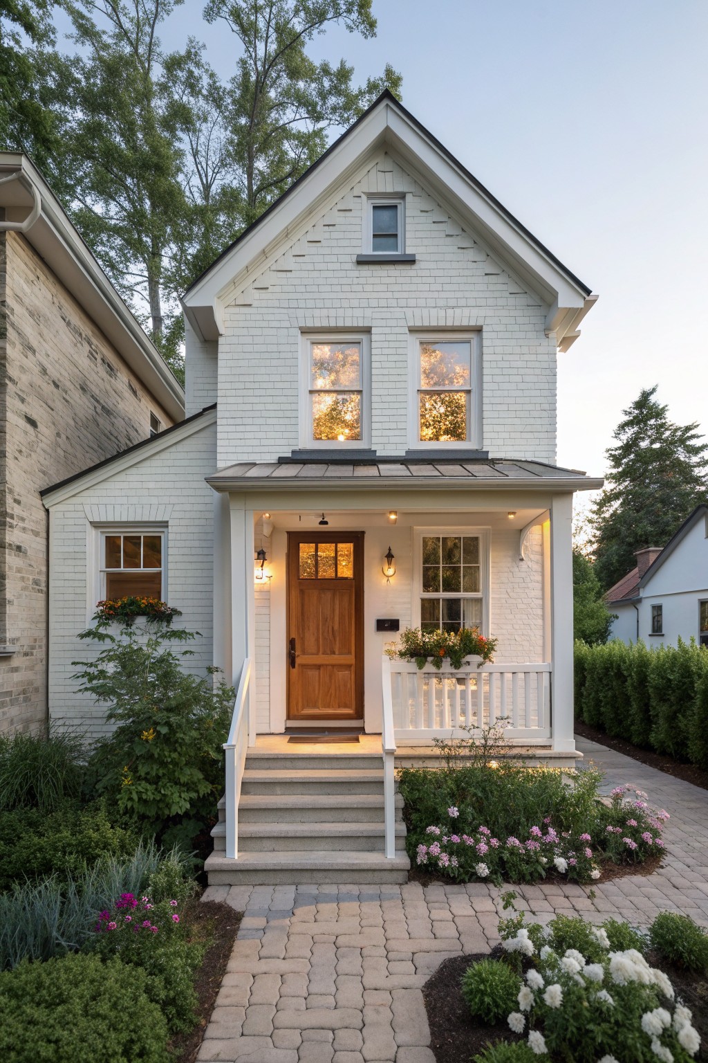 A front view of a small white Victorian farmhouse showing a centered wooden door, a modest covered porch with white railings, and concrete steps leading to a brick walkway.