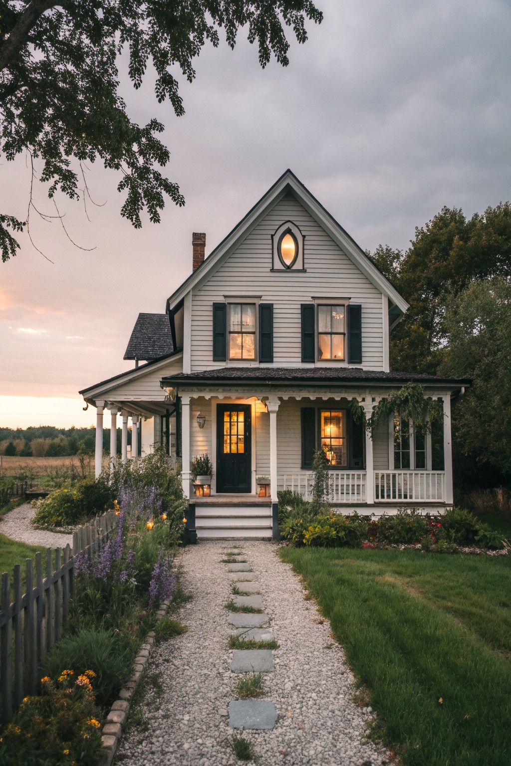 A white Victorian farmhouse with a centered black front door, front porch, and gravel path leading to the steps at dusk.