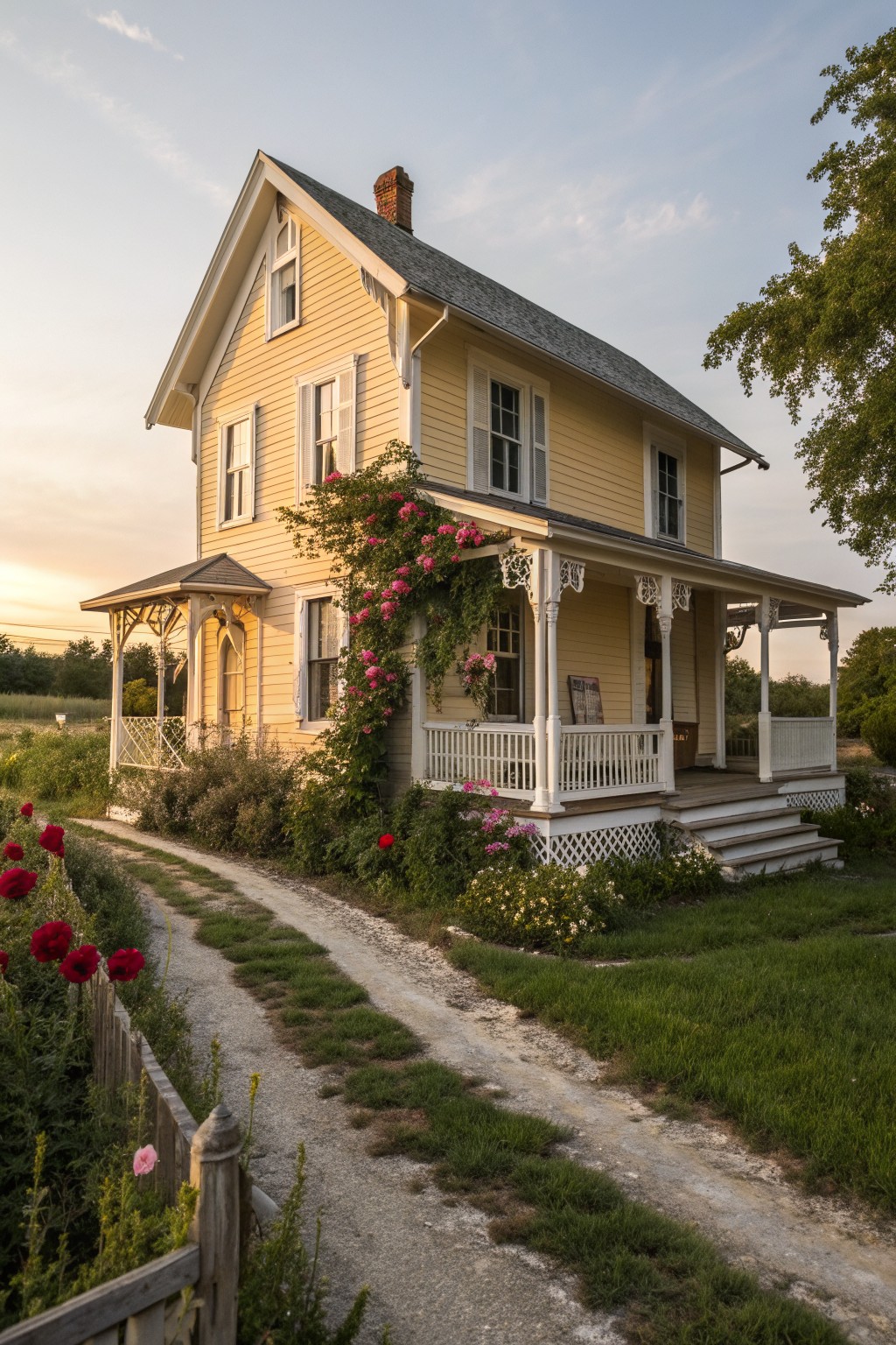 A yellow two-story Victorian farmhouse with white trim, a wraparound porch, and pink climbing roses growing along the porch posts and railing, with a dirt path leading to the steps.