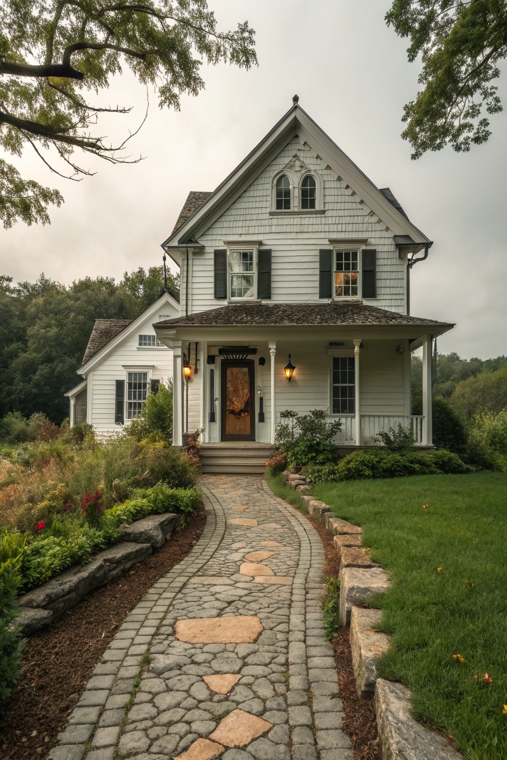 A white Victorian farmhouse with a curved cobblestone path leading to the front porch, bordered by stone edging and garden beds.