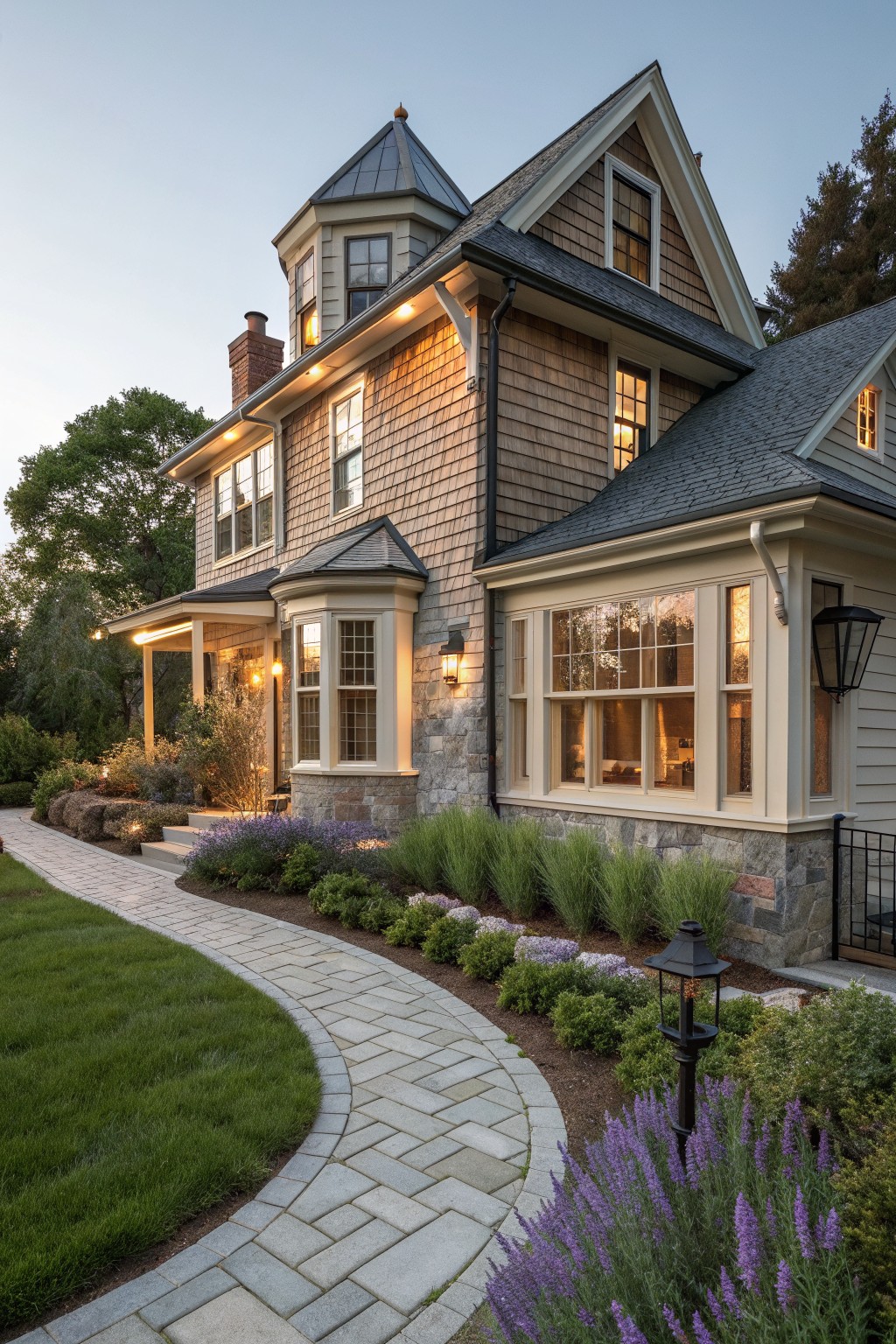 A two-story Victorian-style house with wood shingles, a stone base, multiple windows, a small porch, and a curved stone pathway bordered by garden beds and lanterns.