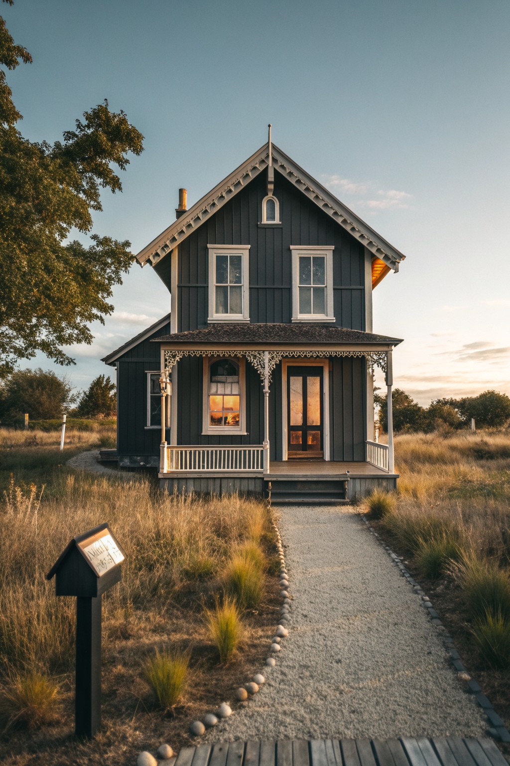 Dark gray Victorian house with lit windows along gravel path at sunset