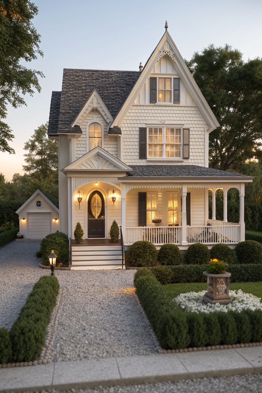Charming white Victorian house with lit windows, porch, and manicured garden at dusk.