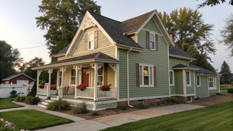 A light green Victorian farmhouse exterior with white trim, a covered porch, and a gravel path leading to the front.