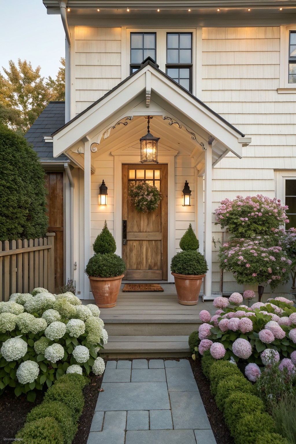 Charming white porch with wooden door, lanterns, potted topiaries, and blooming flowers.