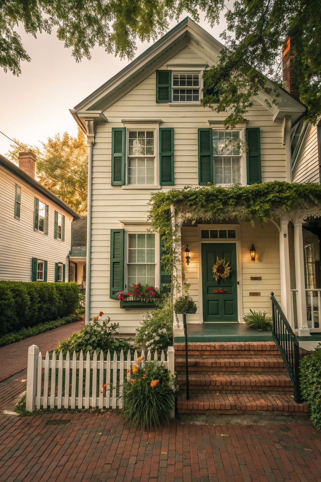 Front view of a small white Victorian farmhouse with green shutters, a green front door, brick steps, and a white picket fence with flower beds along the sidewalk.
