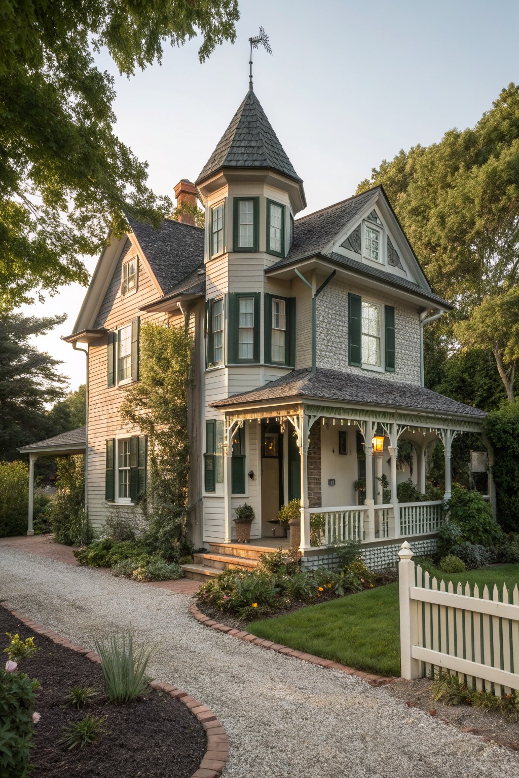 Victorian house with turret, green shutters, wraparound porch, gravel drive, white picket fence