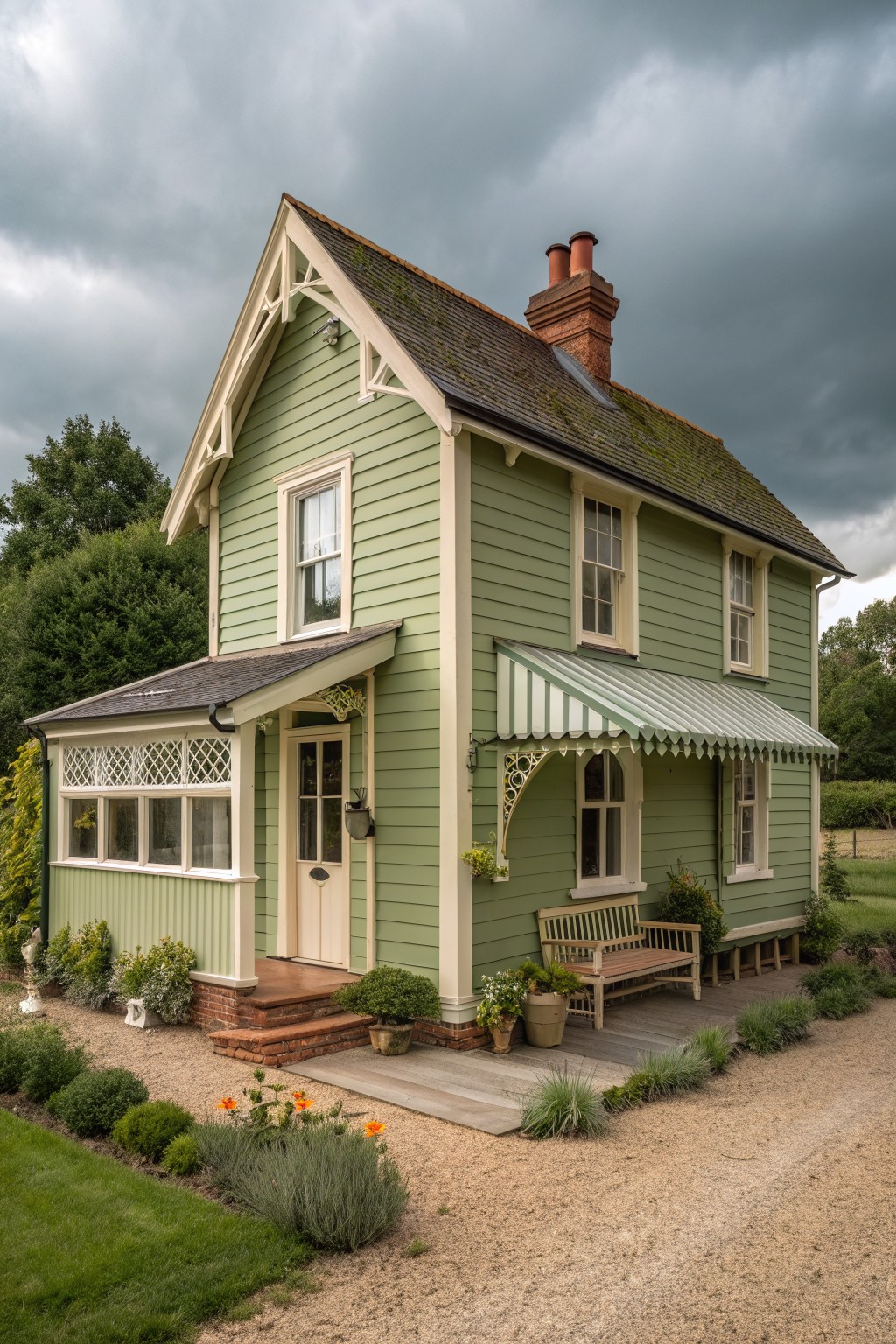 A compact two-story Victorian farmhouse painted in light green siding with white trim, a striped green and white awning, and a small front porch with a wooden bench.