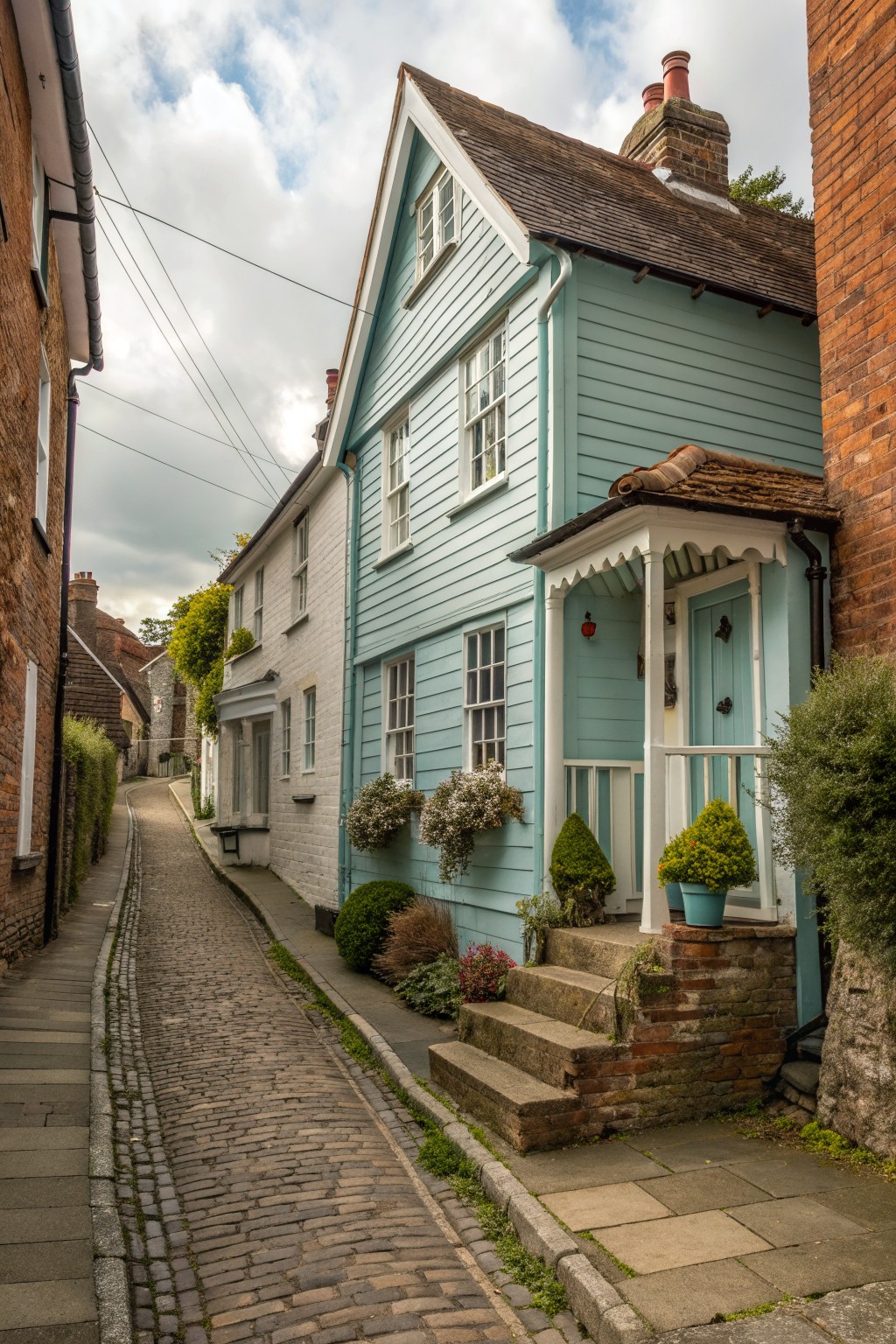A narrow cobblestone lane with a light blue wooden house featuring white trim, flower boxes, and stone steps leading to the front door.