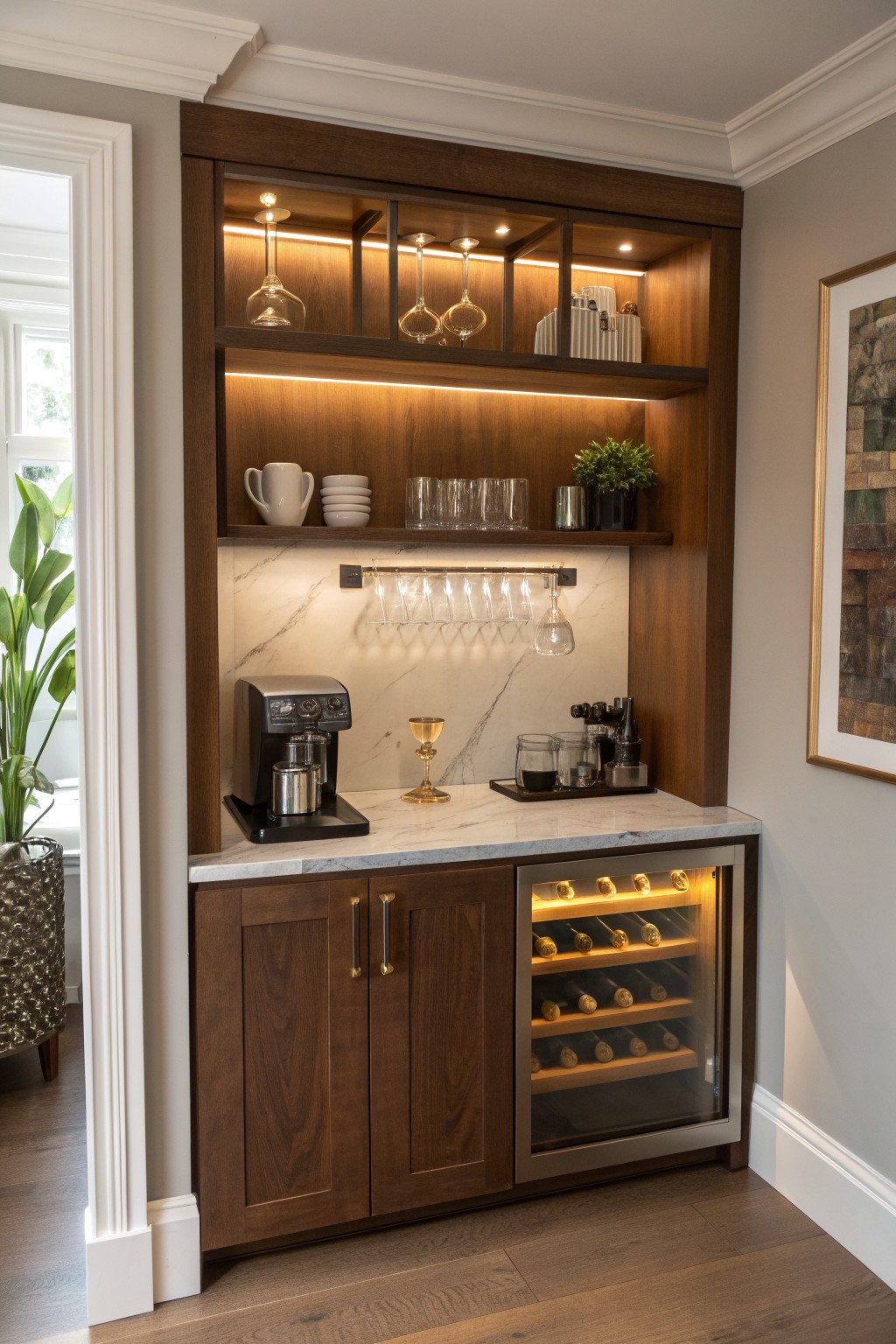 A built-in home bar featuring dark wood cabinetry, a marble countertop, an illuminated wine refrigerator, and open shelves with glassware and a coffee maker.