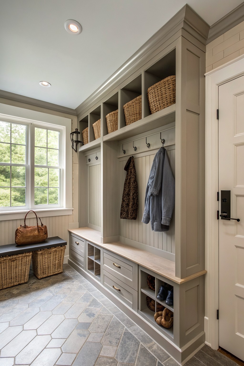 Built-in mudroom cabinetry painted in a warm gray-beige tone, with hooks holding jackets, open cubbies with baskets and shoes, and a bench under windows.