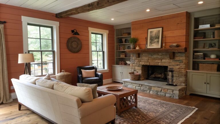 21 Fresh Rustic Farmhouse Paint Colors in Warm and Earthy Palettes A rustic living room with terracotta walls, a large stone fireplace, wooden ceiling beams, a beige sofa with striped pillows, a wicker ottoman, and a patterned rug on the wood floor.