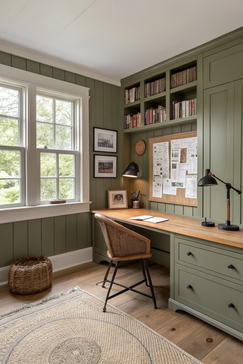 A home office with sage green walls and built-in bookshelves above a wooden desk, woven chair, and black desk lamps.
