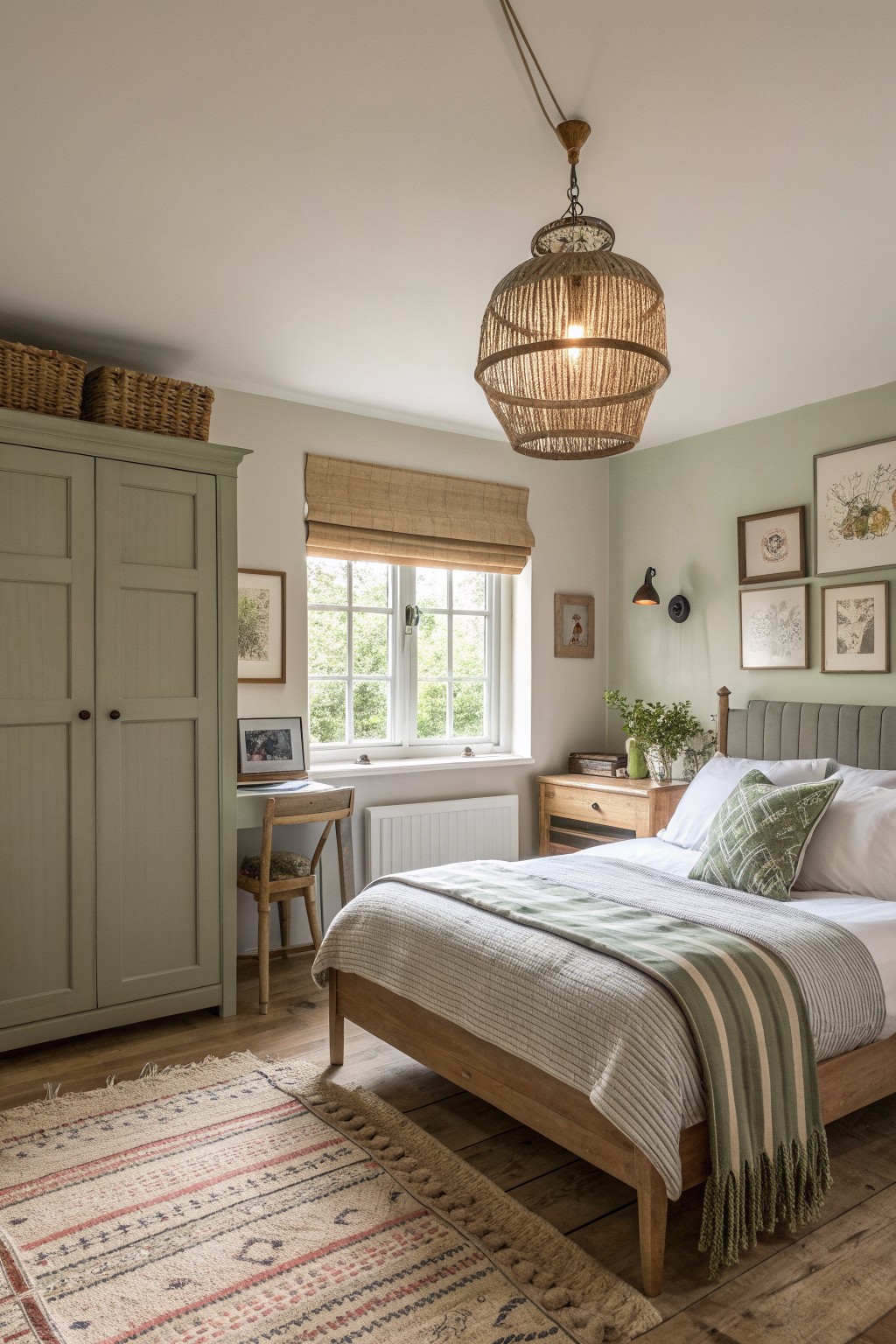A bedroom with sage green walls, a wooden bed with white and green bedding, a large woven pendant light, and a tall green wardrobe next to a window with a rolled blind.