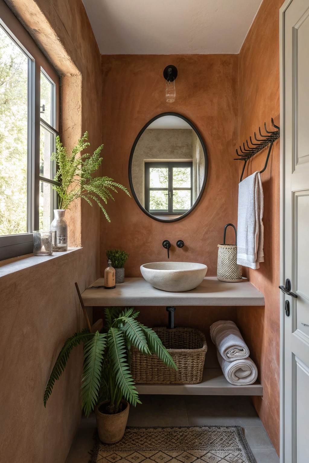 A bathroom with terracotta walls, a round mirror above a stone sink, a window on the left, and rolled towels under the counter.