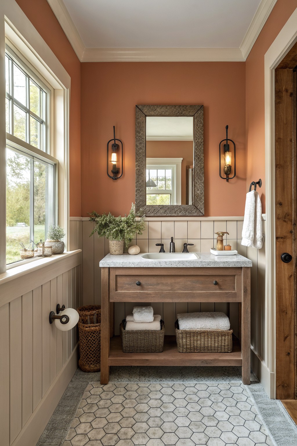 Rustic bathroom with terracotta walls, wooden vanity, marble sink, and hexagonal tiles