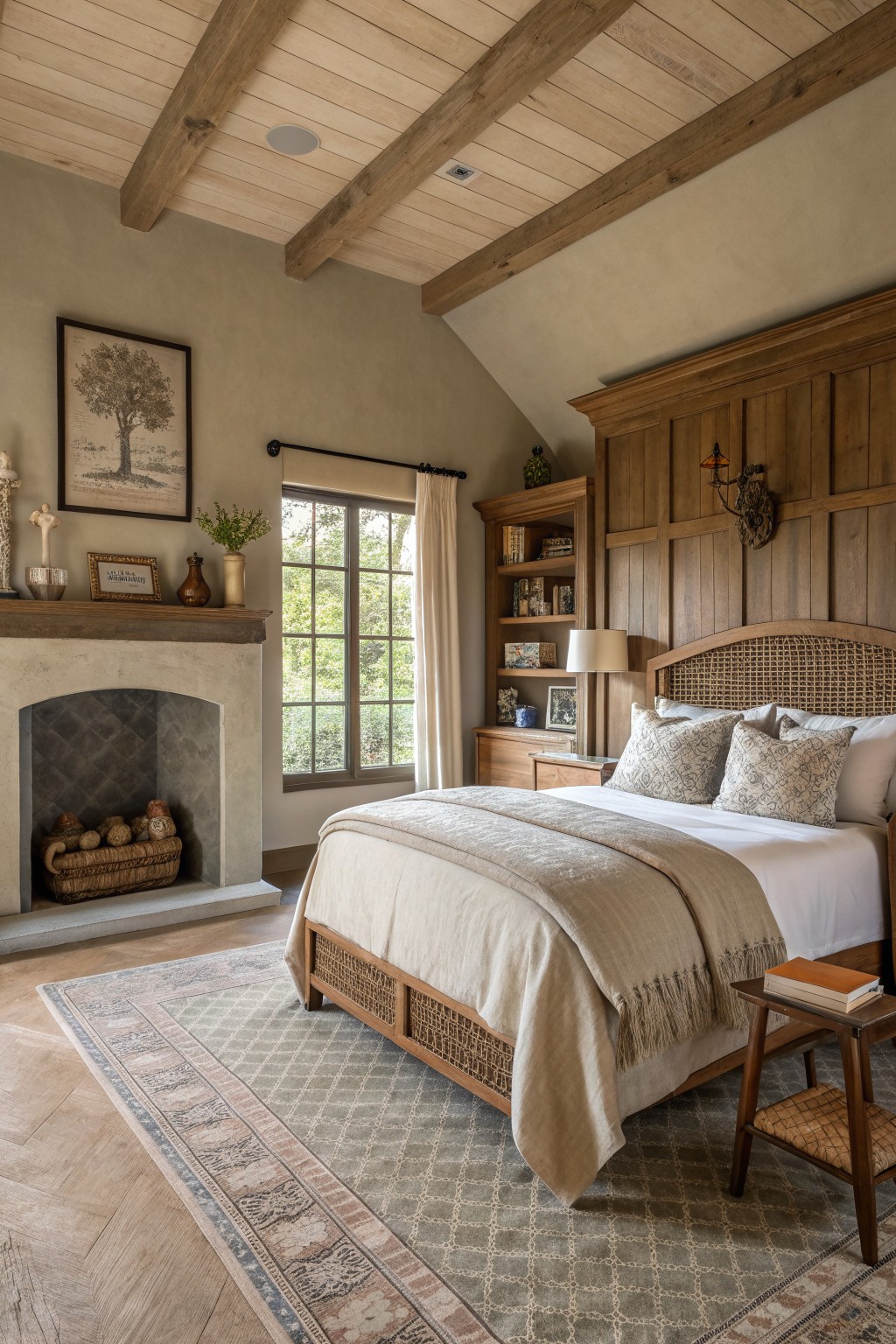 Rustic bedroom with white linens, stone fireplace, wooden beams, and woven headboard.