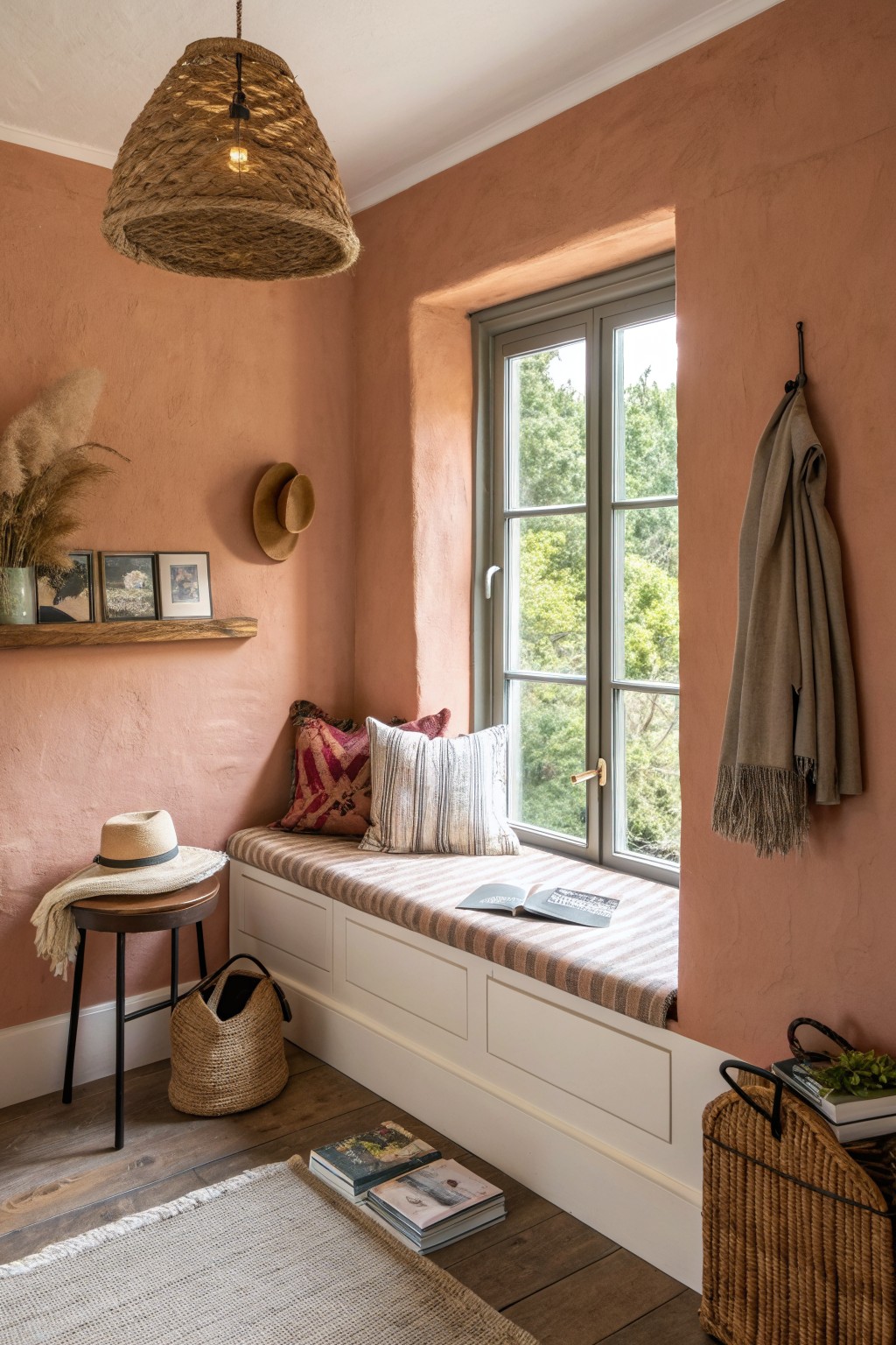 An interior view of a room corner with terracotta walls, a built-in window seat with striped cushion, framed pictures on a wooden shelf, and a woven light fixture overhead.