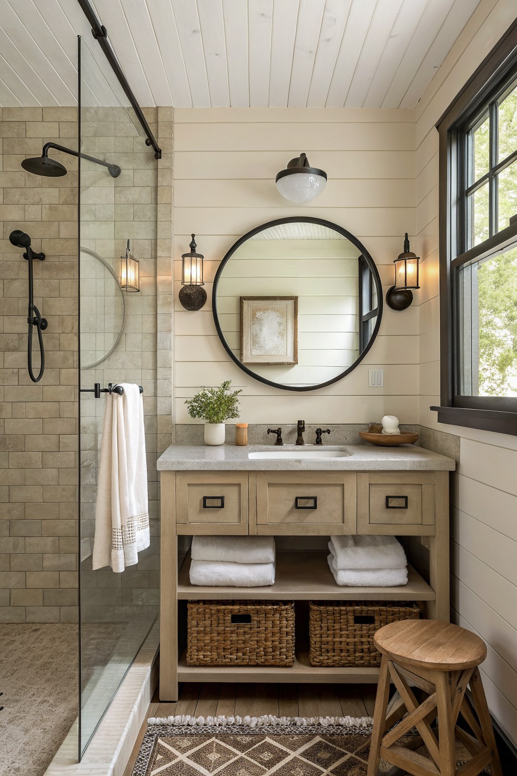A bathroom interior with warm cream shiplap walls, a light wood vanity with open shelving, a round black mirror, and a glass shower on the left side.