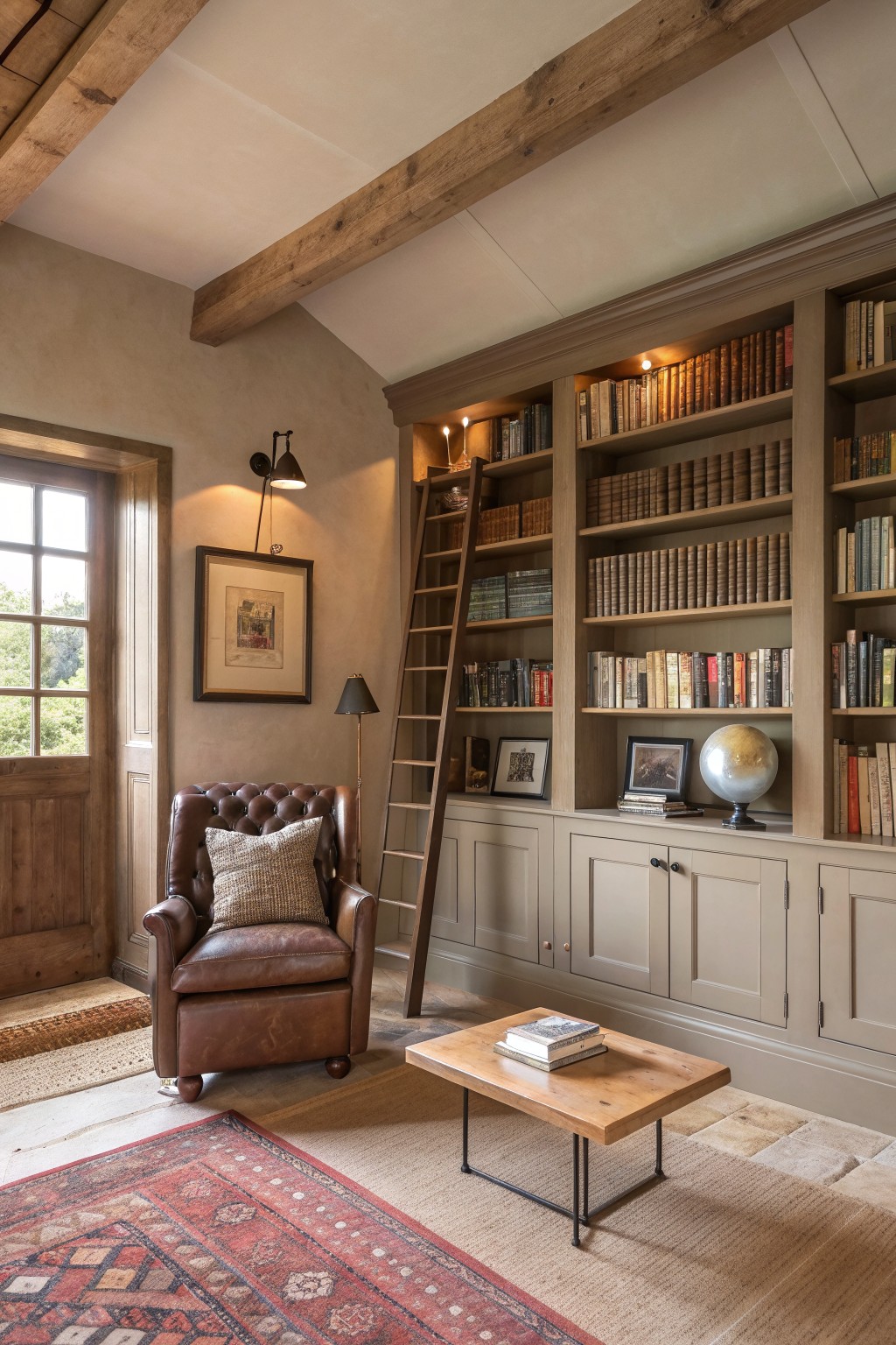 Interior view of a rustic library with built-in bookshelves, a rolling ladder, brown leather armchair, and warm neutral wall and cabinet paint.