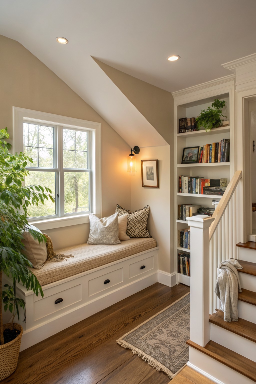 Interior view of a window seat nook with storage drawers, pillows, and adjacent built-in bookshelves under a slanted ceiling.