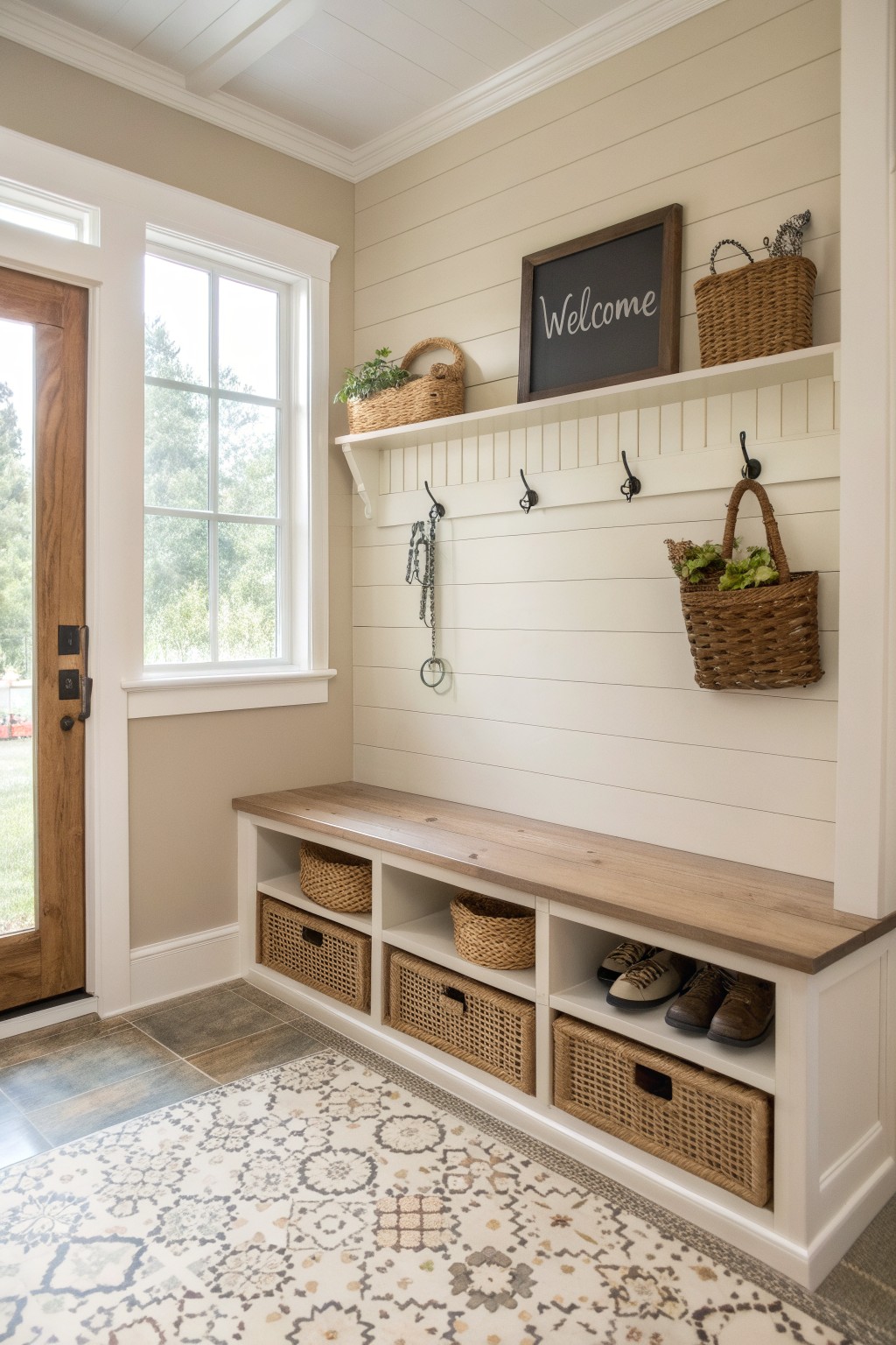 A mudroom with white built-in bench storage, woven baskets, wall hooks on shiplap, and walls painted in a warm neutral tone.