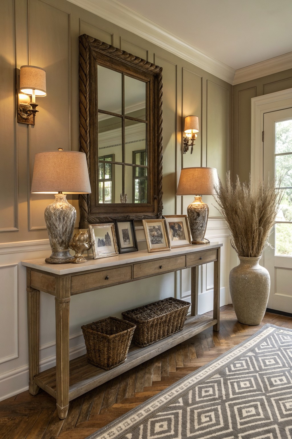 A wooden console table with a marble top stands against sage green paneled walls beneath a large framed mirror, flanked by two table lamps and holding framed photos, with woven baskets on the lower shelf and a tall vase of dried grass to the right.