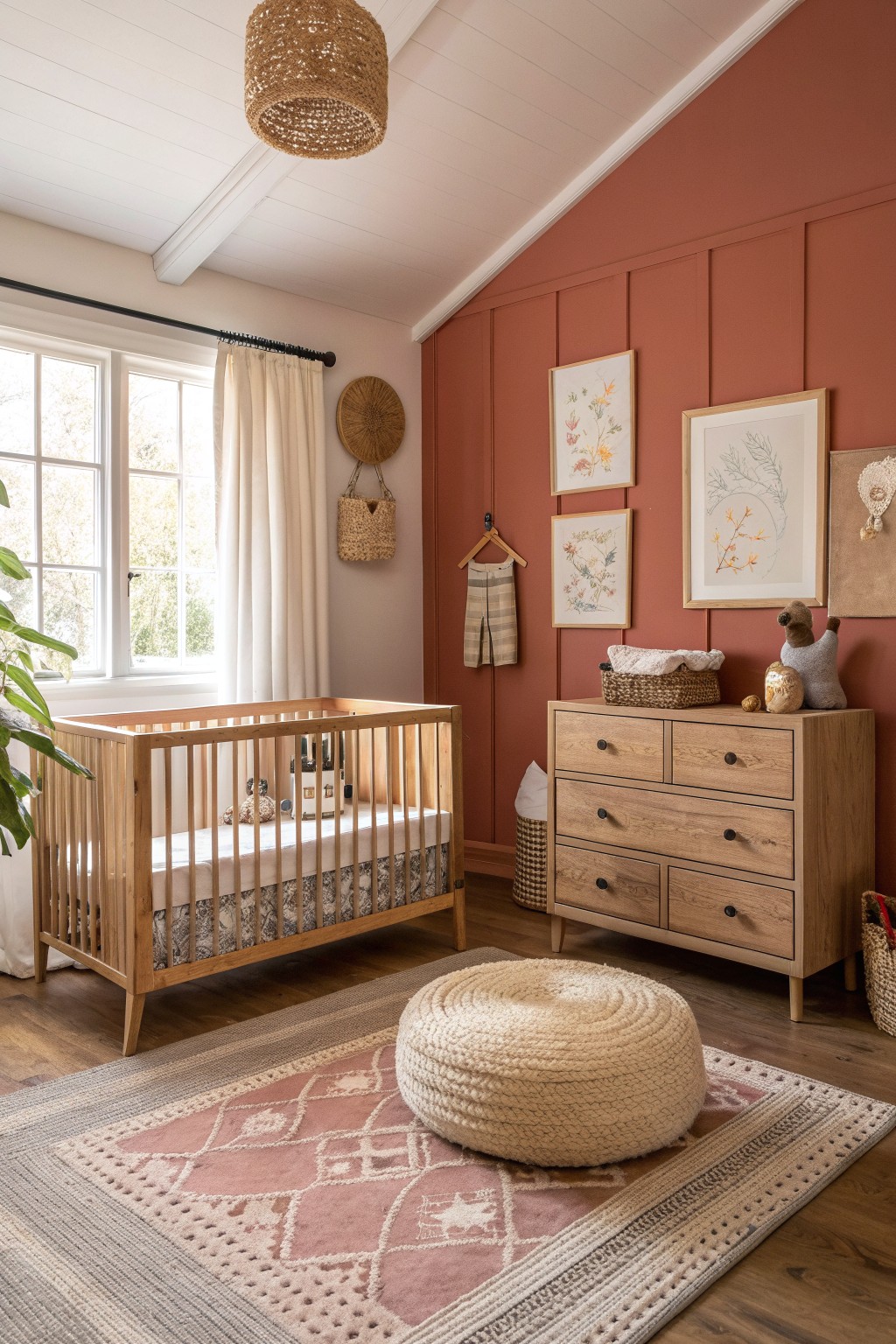 A nursery interior with a light wood crib, terracotta paneled accent wall with framed botanical prints, wooden dresser, and woven pouf on a patterned rug.
